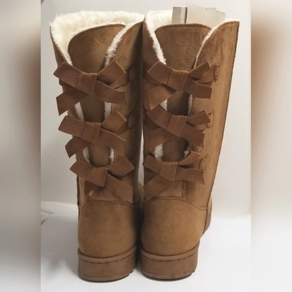 Suede Leather & Fur Lined Tall Boot Triple Bow Caramel Brown Sz 9 NWOT